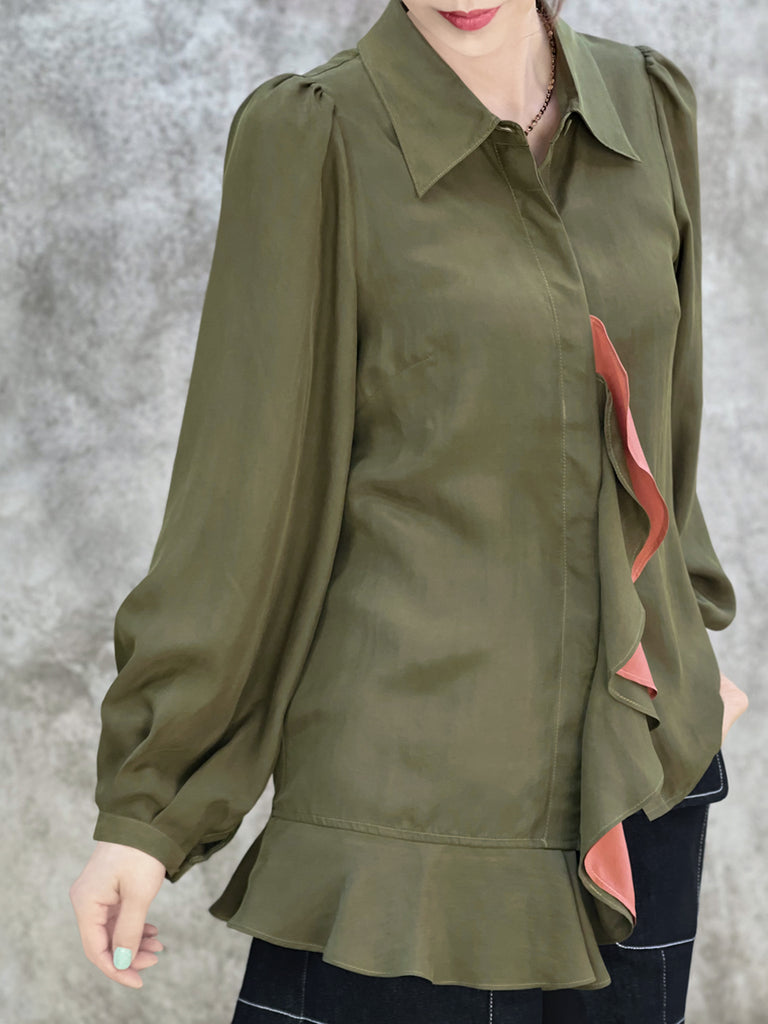 Surprise Sale! Dusted Khaki Asymmetrical Ruffle Silky Overshirt