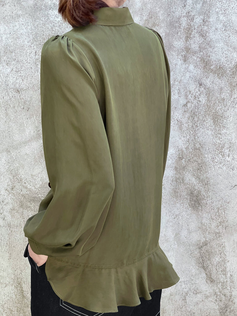 Surprise Sale! Dusted Khaki Asymmetrical Ruffle Silky Overshirt