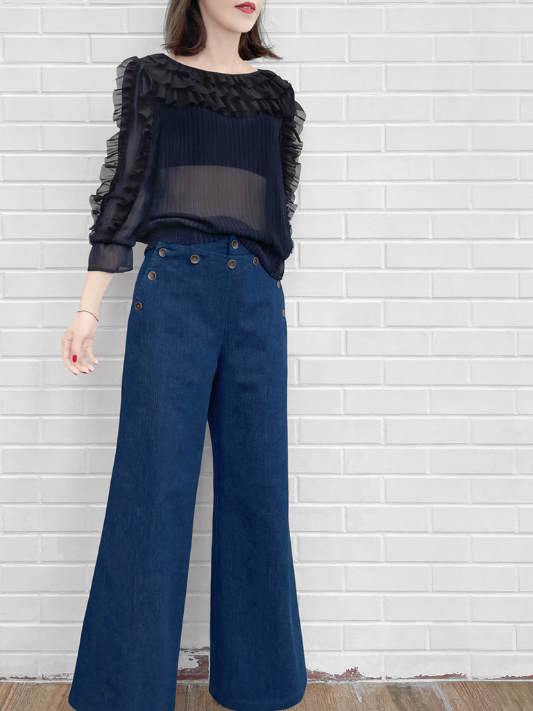 Surprise Sale! Navy Stripe & Print Ruffle Smocked Hem Silk Top