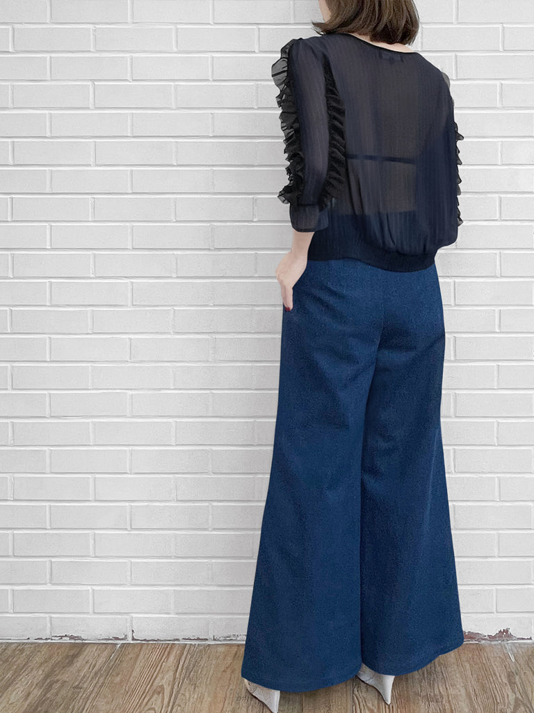 Surprise Sale! Navy Stripe & Print Ruffle Smocked Hem Silk Top