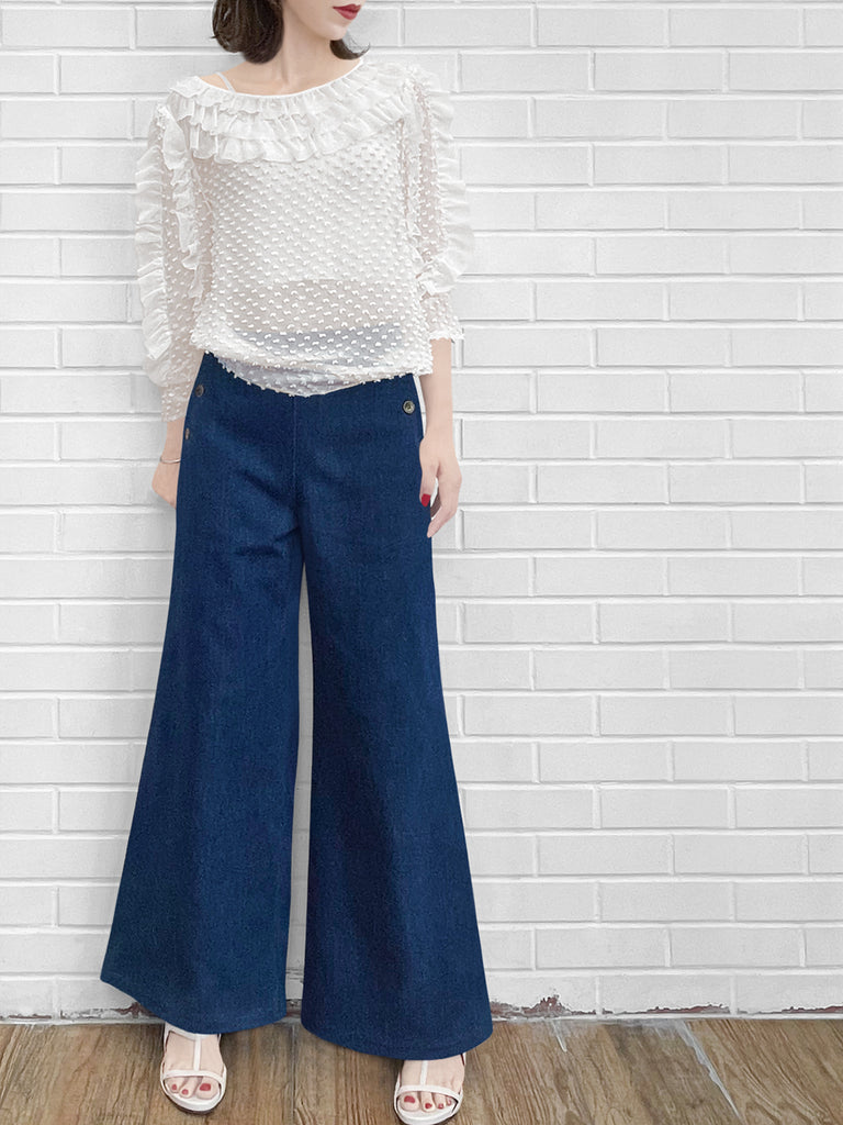 驚喜促銷!白色夾點荷葉邊抽褶下擺絲上衣