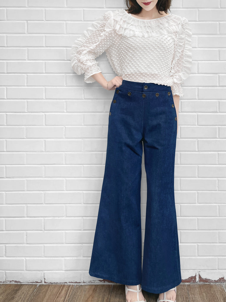 驚喜促銷!白色夾點荷葉邊抽褶下擺絲上衣