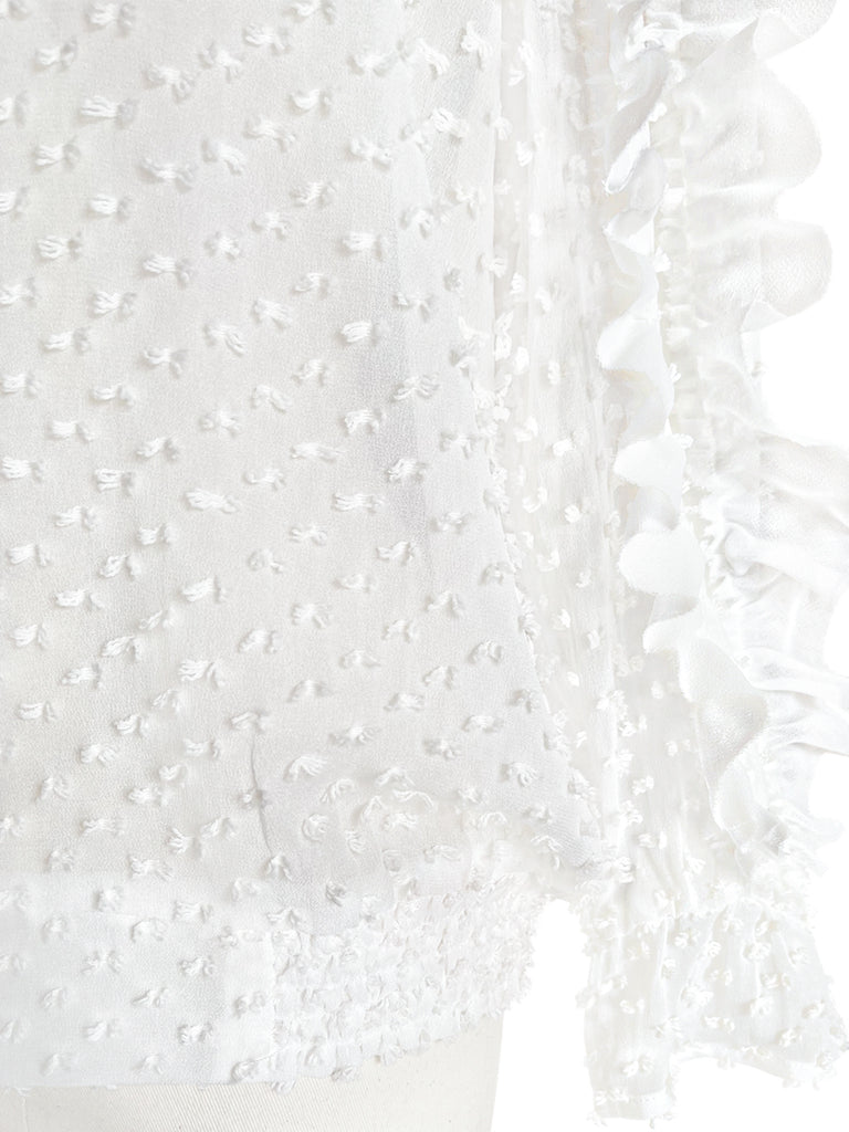 驚喜促銷!白色夾點荷葉邊抽褶下擺絲上衣