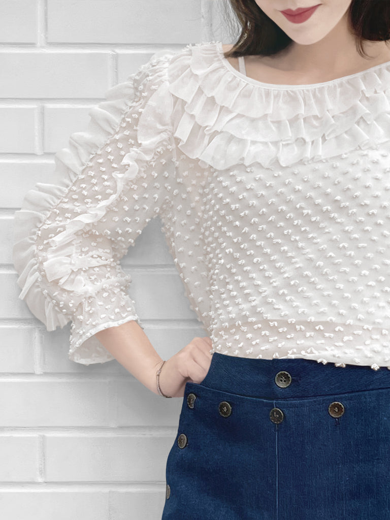 驚喜促銷!白色夾點荷葉邊抽褶下擺絲上衣