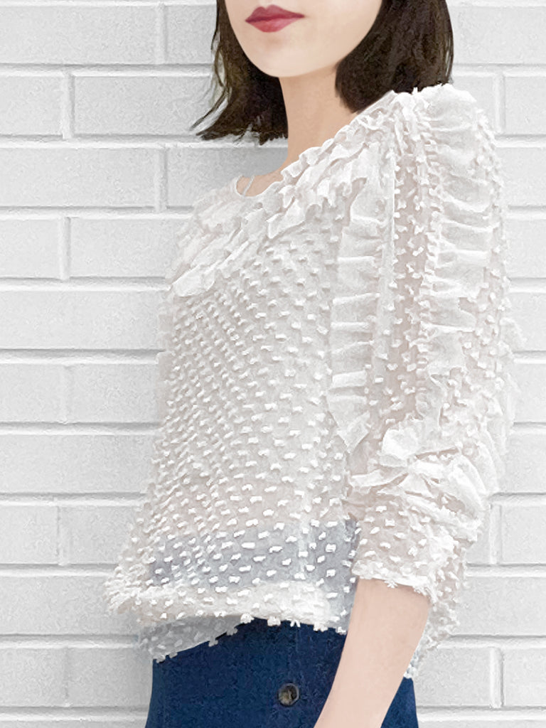 驚喜促銷!白色夾點荷葉邊抽褶下擺絲上衣