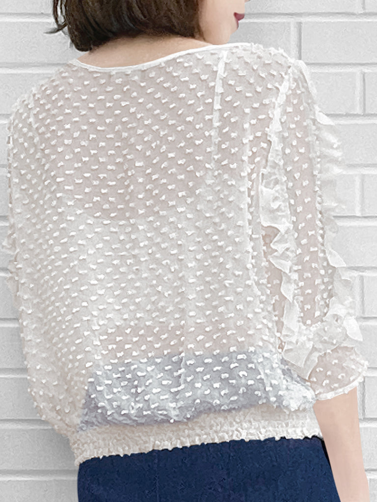 驚喜促銷!白色夾點荷葉邊抽褶下擺絲上衣