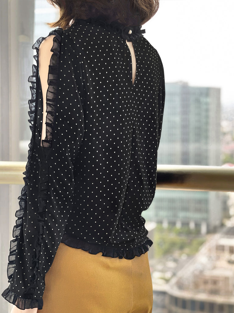 Surprise Sale! Dotty Ruffle Cut Out Sleeves Jersey Blouse