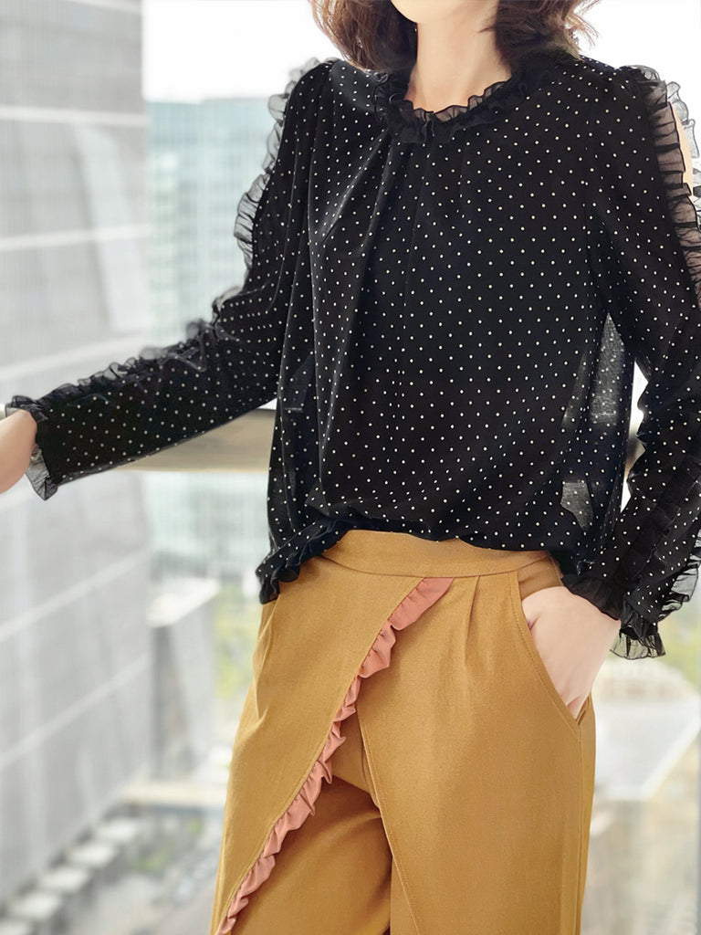 Surprise Sale! Dotty Ruffle Cut Out Sleeves Jersey Blouse