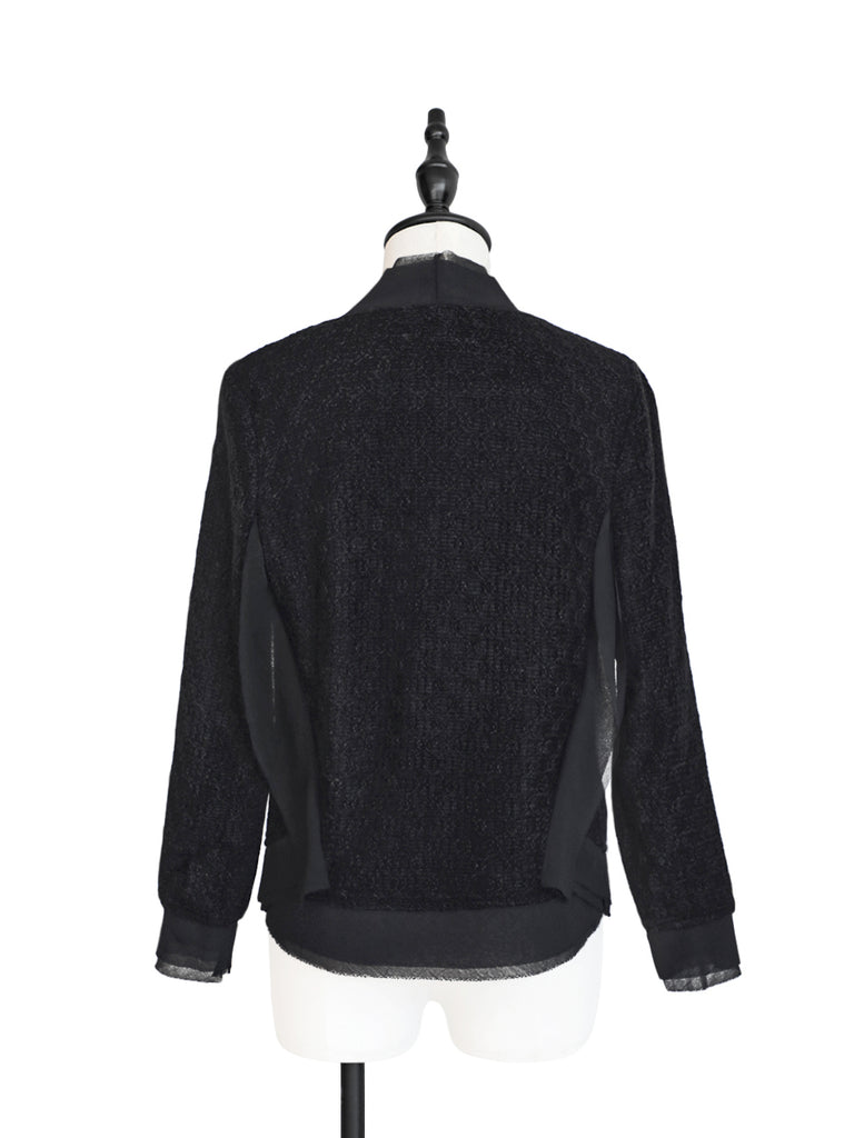 同色系黑色雪紡邊飾開襟毛圈花呢夾克