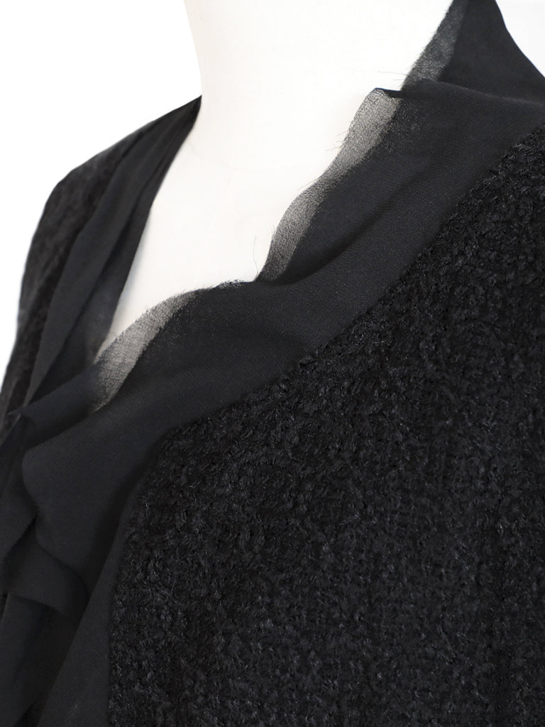 同色系黑色雪紡邊飾開襟毛圈花呢夾克