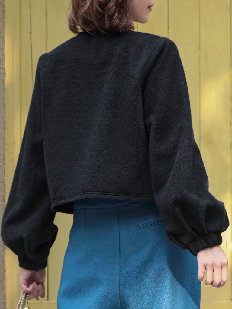 Surprise Sale! Classic Black Balloon Sleeve Button Front Wool Blend Jacket