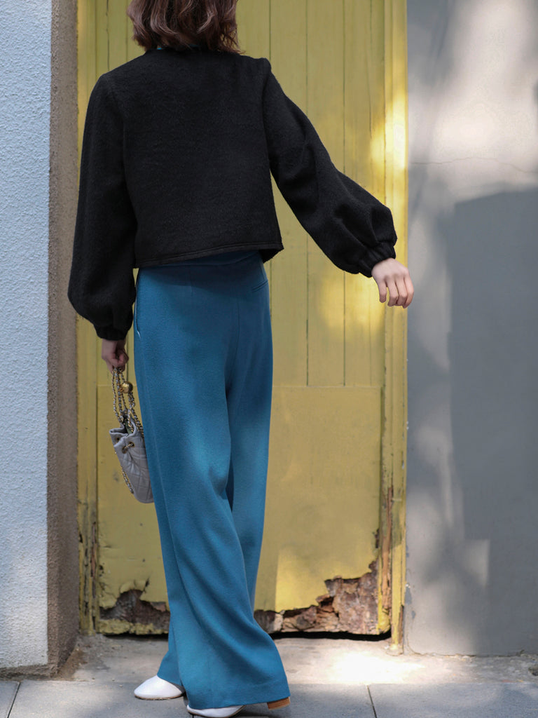 Surprise Sale! Classic Black Balloon Sleeve Button Front Wool Blend Jacket