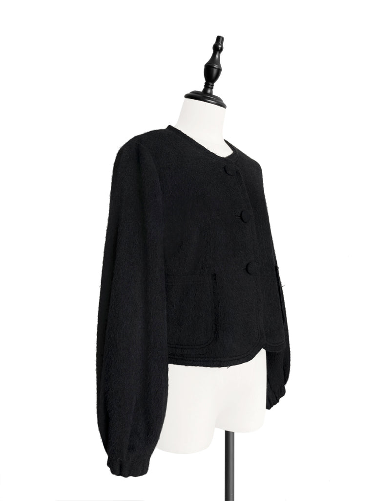 Surprise Sale! Classic Black Balloon Sleeve Button Front Wool Blend Jacket