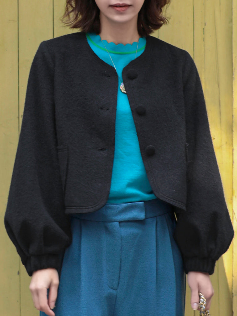 Surprise Sale! Classic Black Balloon Sleeve Button Front Wool Blend Jacket