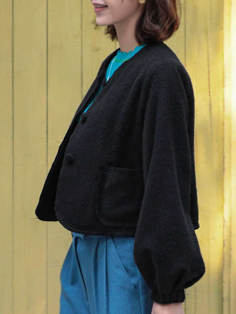 Surprise Sale! Classic Black Balloon Sleeve Button Front Wool Blend Jacket