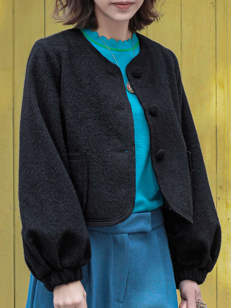 Surprise Sale! Classic Black Balloon Sleeve Button Front Wool Blend Jacket