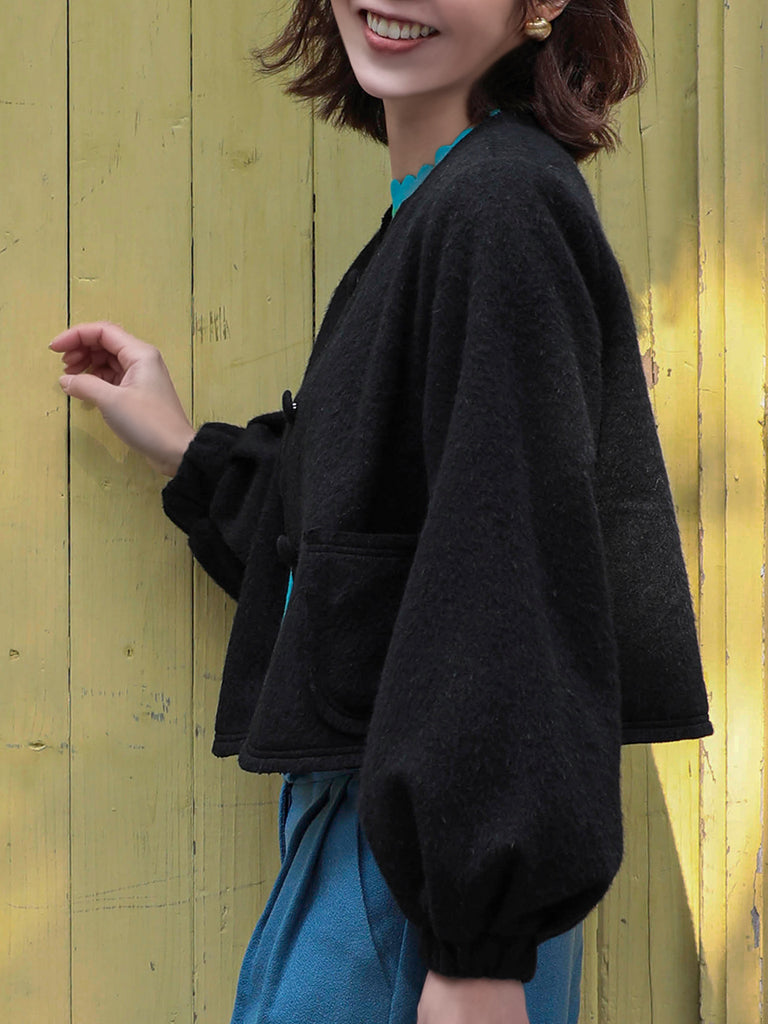 Surprise Sale! Classic Black Balloon Sleeve Button Front Wool Blend Jacket