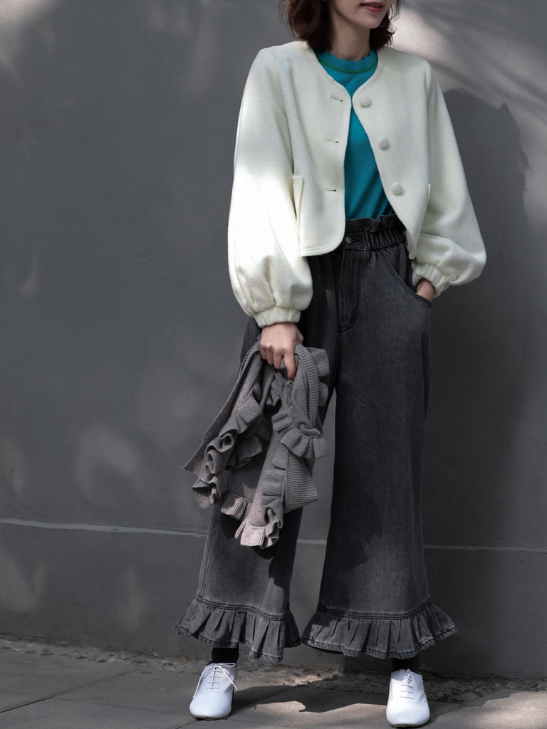 Surprise Sale! Ivory White Balloon Sleeve Button Front Wool Blend Jacket!