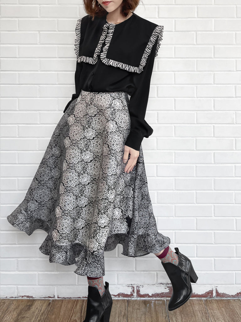 驚喜促銷!黑色漸層雛菊花園絲質羊毛半身裙