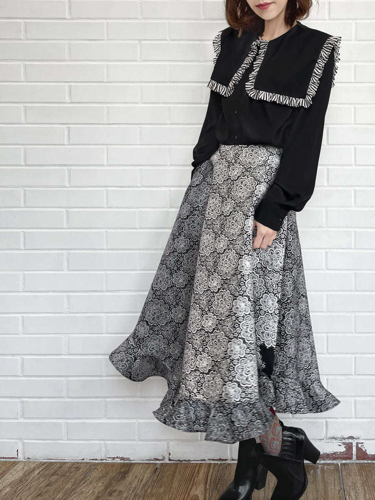 驚喜促銷!黑色漸層雛菊花園絲質羊毛半身裙