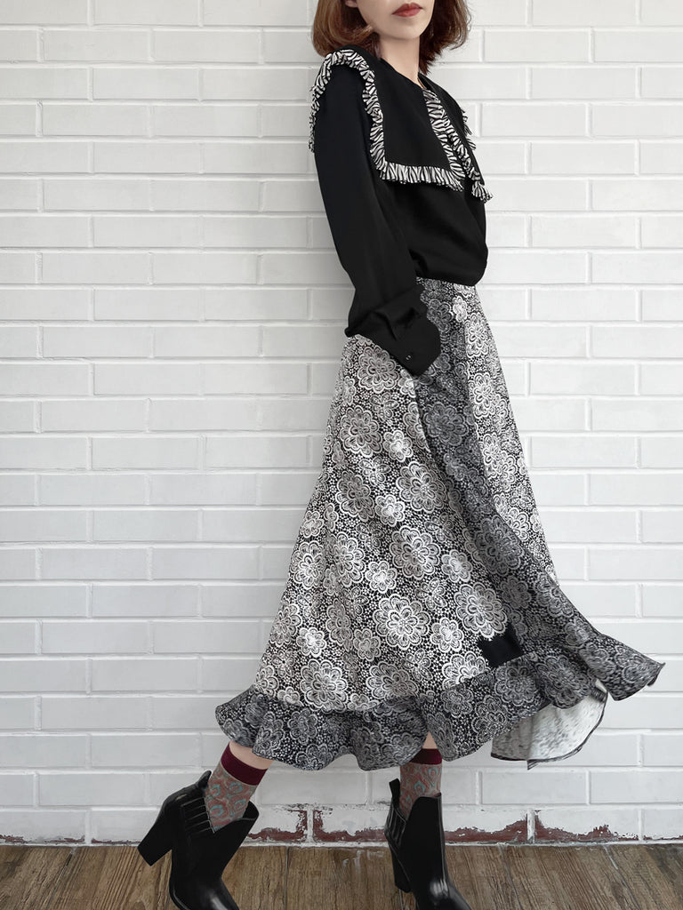 驚喜促銷!黑色漸層雛菊花園絲質羊毛半身裙