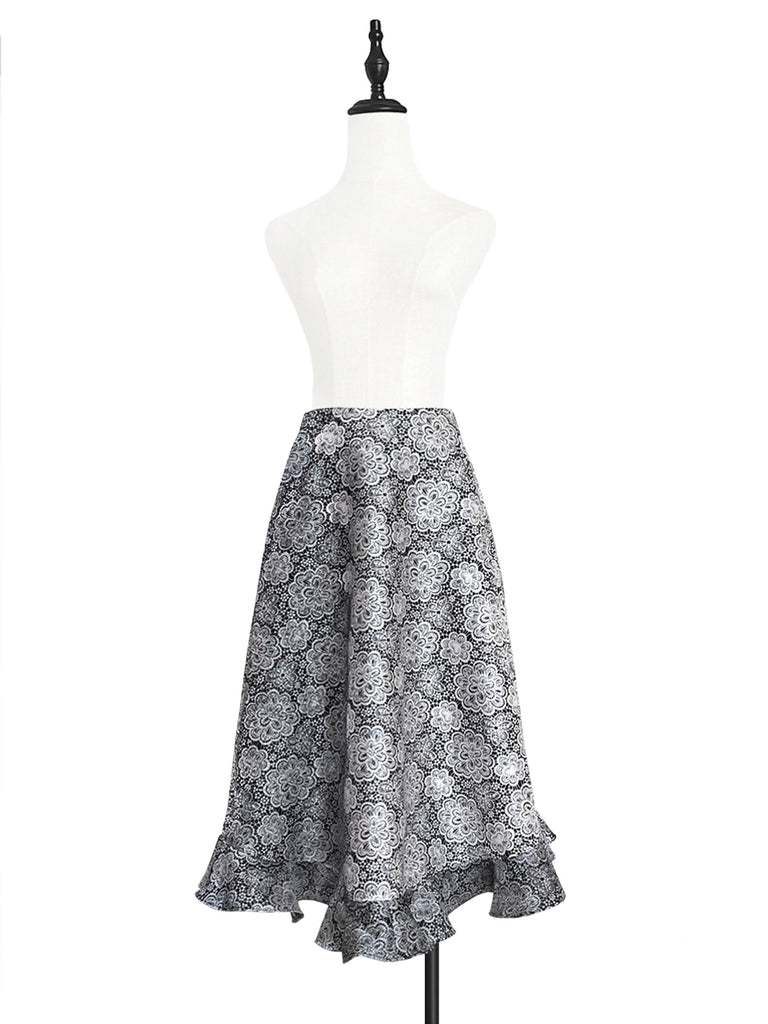 驚喜促銷!黑色漸層雛菊花園絲質羊毛半身裙