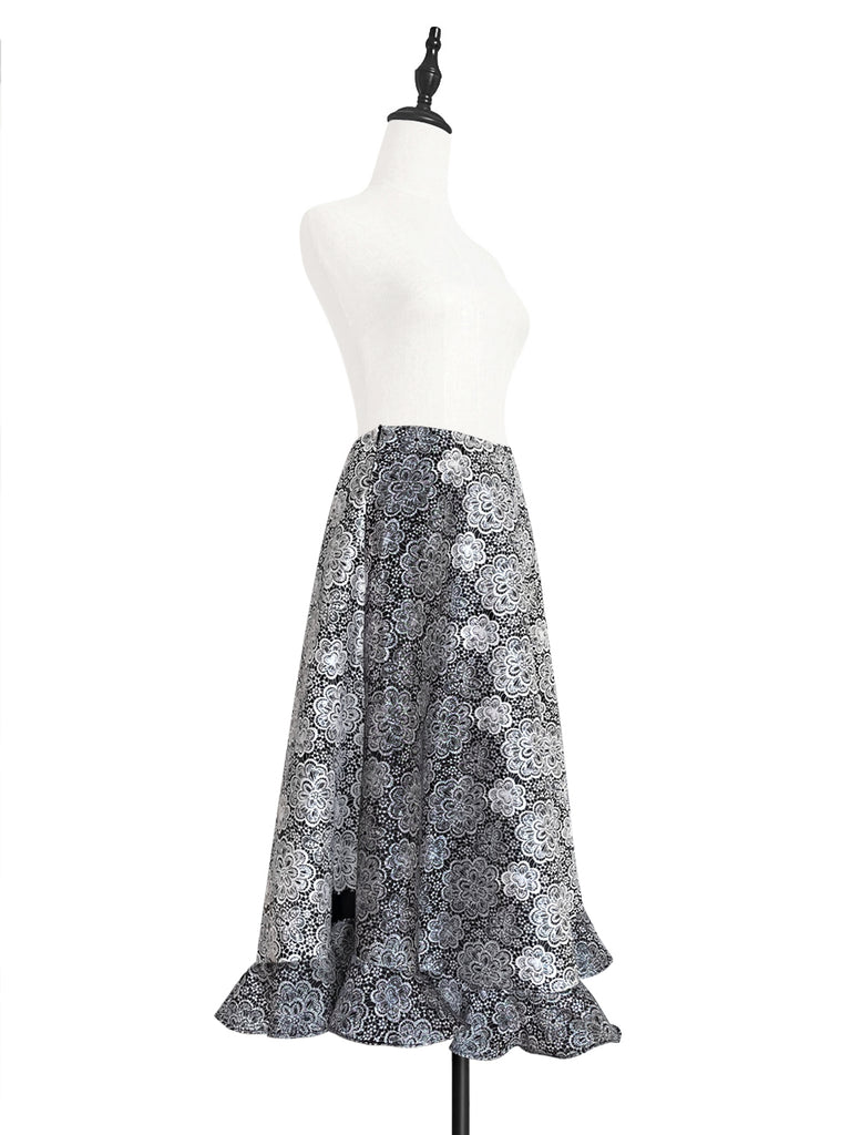 驚喜促銷!黑色漸層雛菊花園絲質羊毛半身裙