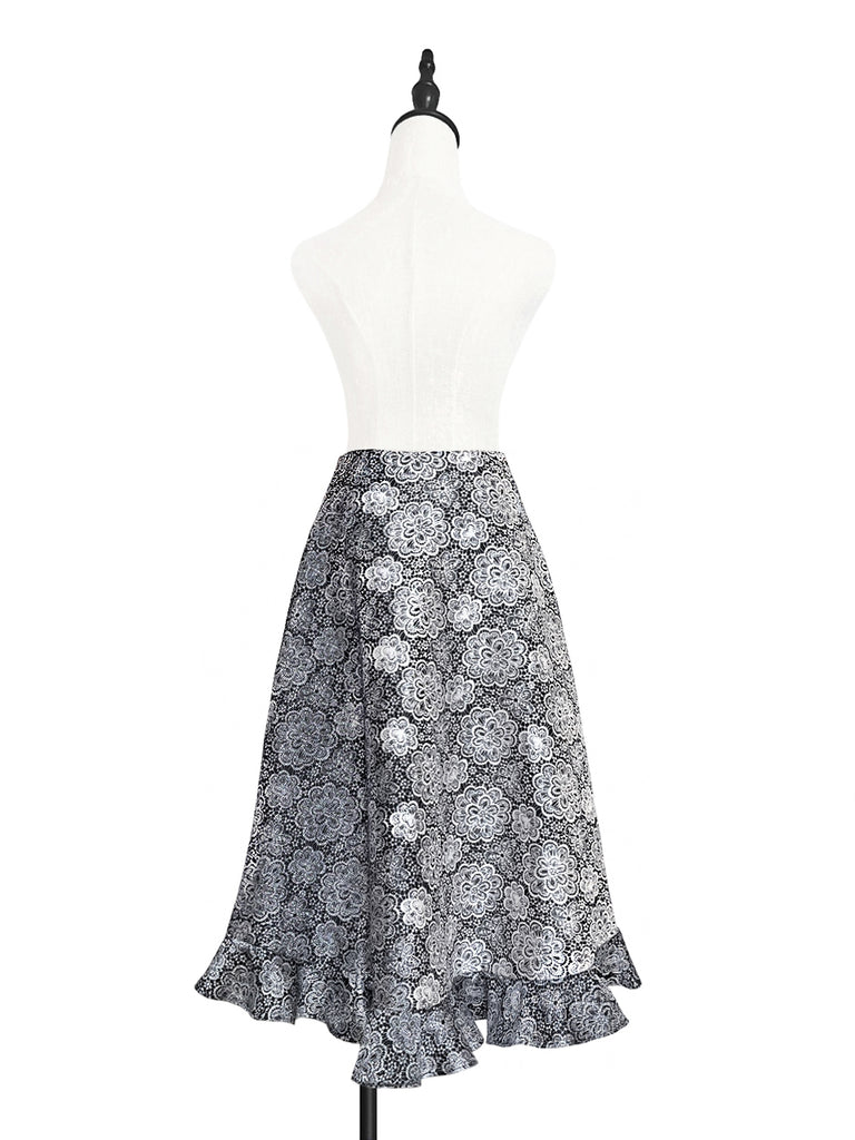 驚喜促銷!黑色漸層雛菊花園絲質羊毛半身裙