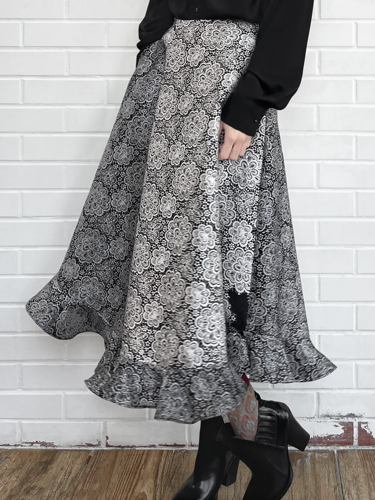 驚喜促銷!黑色漸層雛菊花園絲質羊毛半身裙