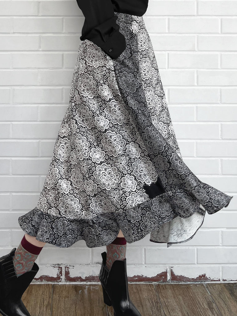 驚喜促銷!黑色漸層雛菊花園絲質羊毛半身裙