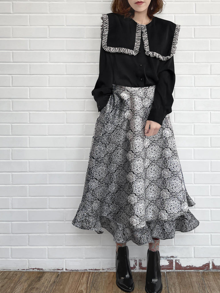 驚喜促銷!黑色漸層雛菊花園絲質羊毛半身裙