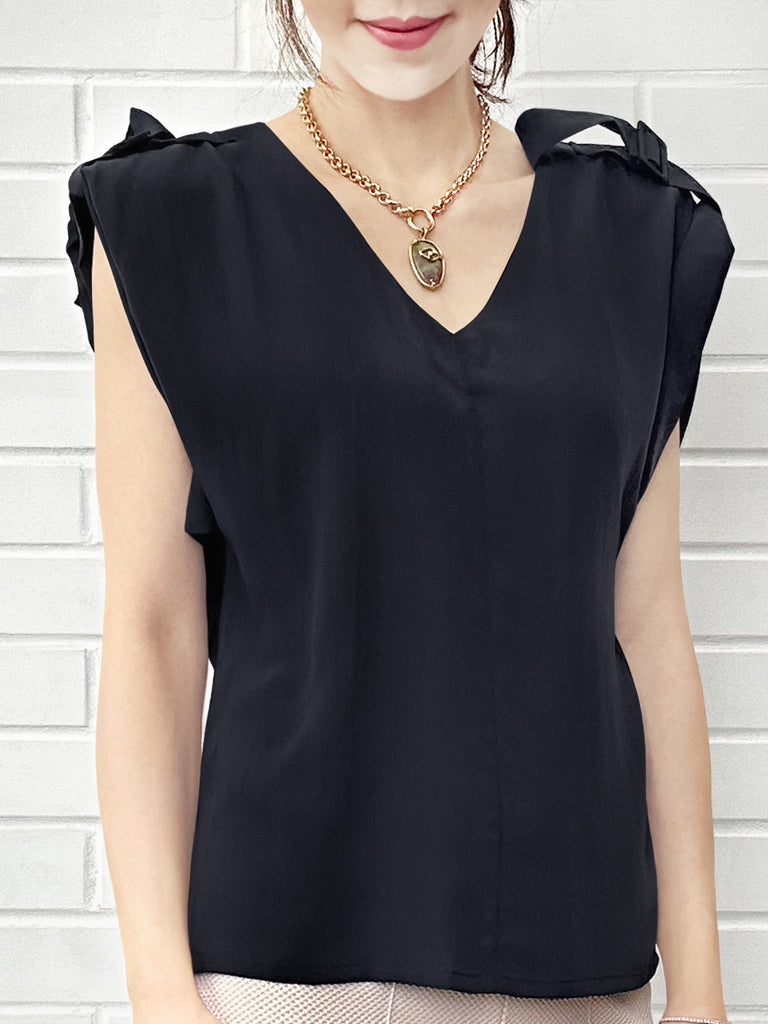 Surprise Sale! Midnight Silk V-neck Buckle Detail Roll Up Sleeve Blouse