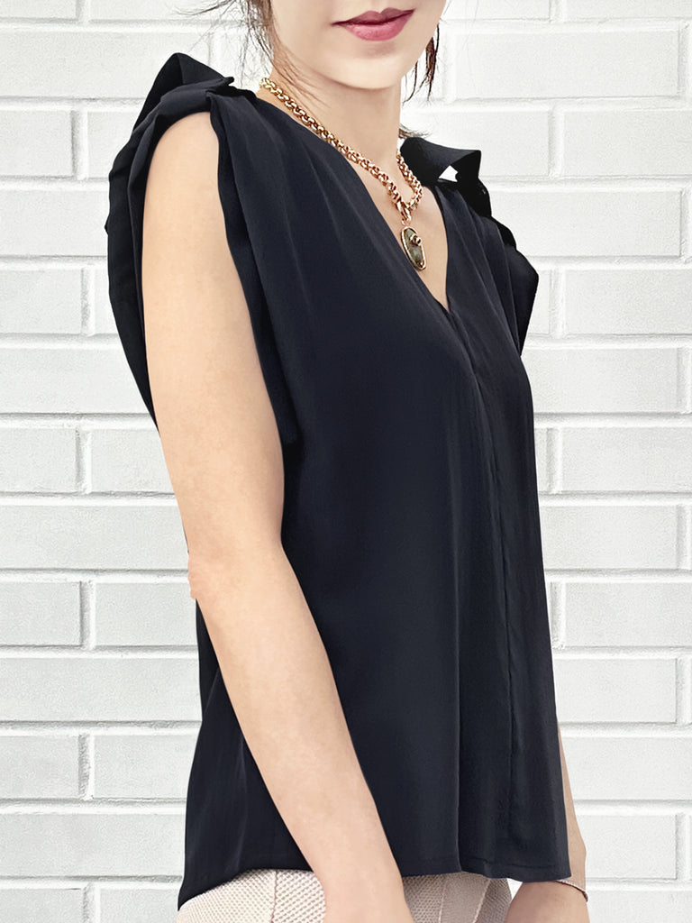 Surprise Sale! Midnight Silk V-neck Buckle Detail Roll Up Sleeve Blouse