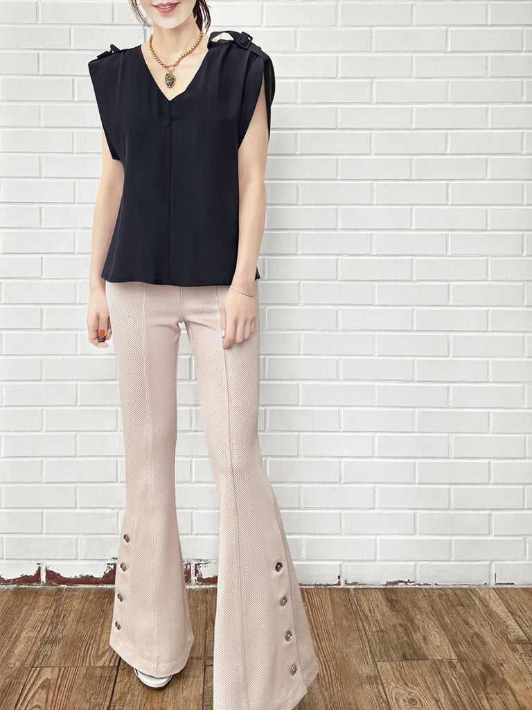 Surprise Sale! Midnight Silk V-neck Buckle Detail Roll Up Sleeve Blouse