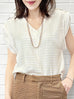 Surprise Sale! Creamy Striped V-neck Buckle Detail Roll Up Sleeve Blouse