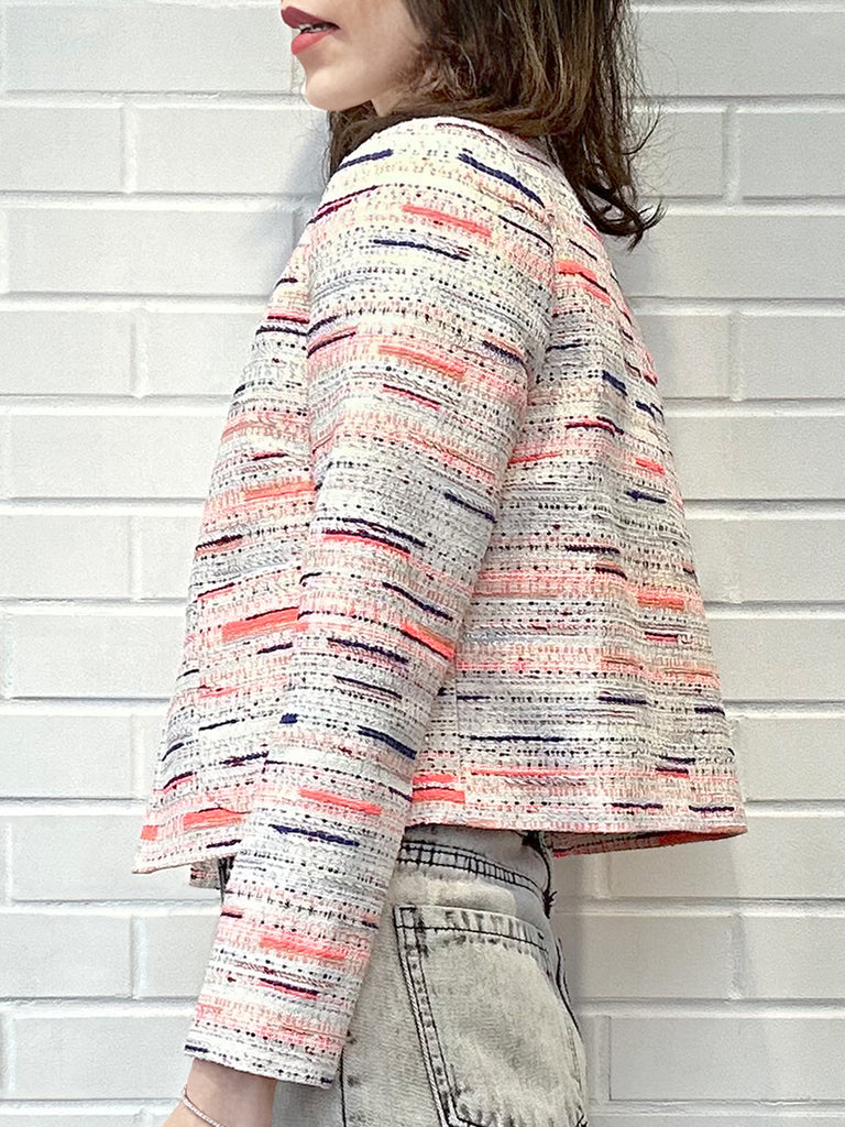 混合條紋正面紐帶寬鬆圈圈花呢短夾克