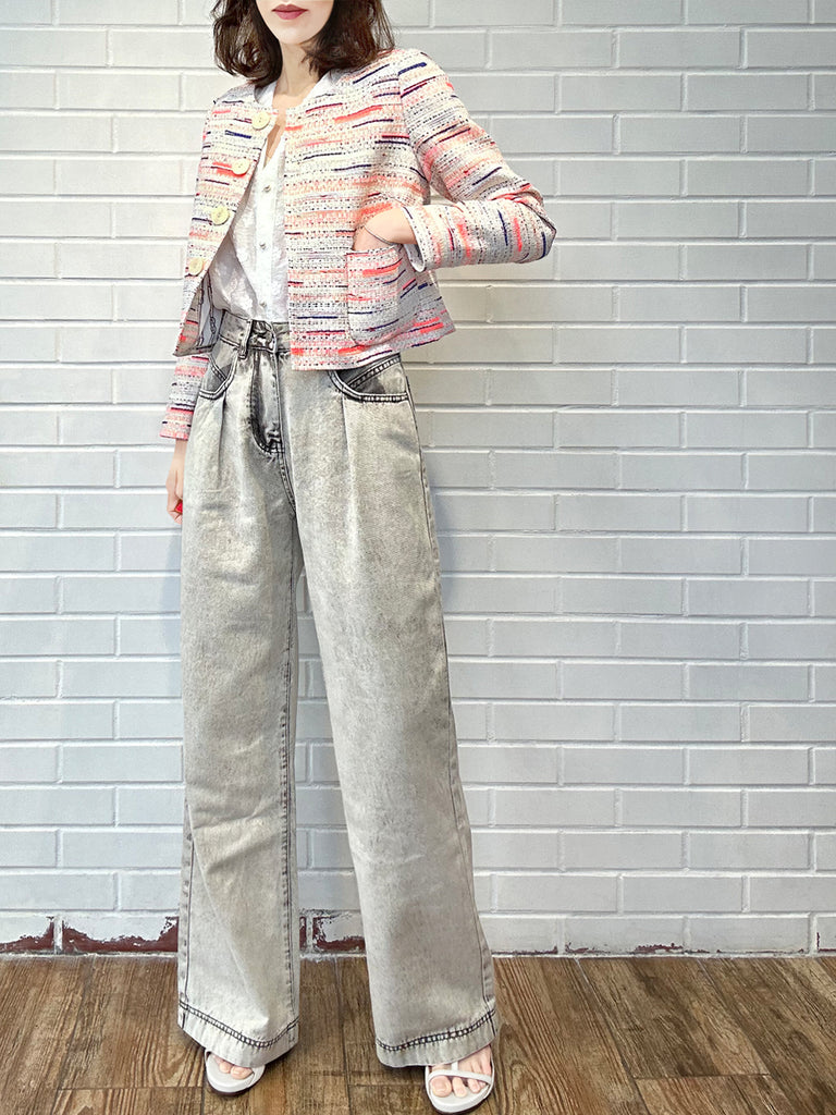 混合條紋正面紐帶寬鬆圈圈花呢短夾克