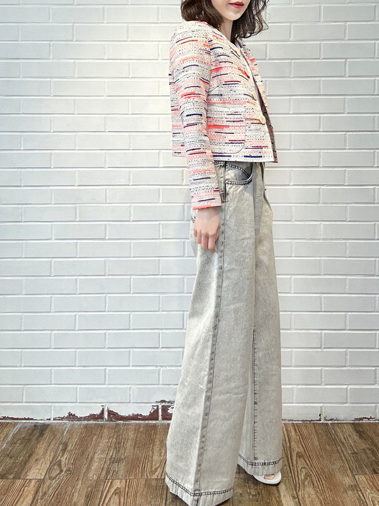 混合條紋正面紐帶寬鬆圈圈花呢短夾克