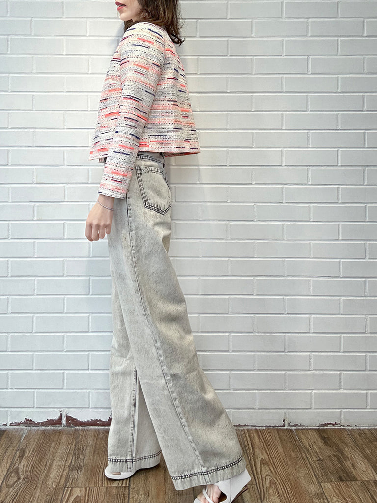 混合條紋正面紐帶寬鬆圈圈花呢短夾克