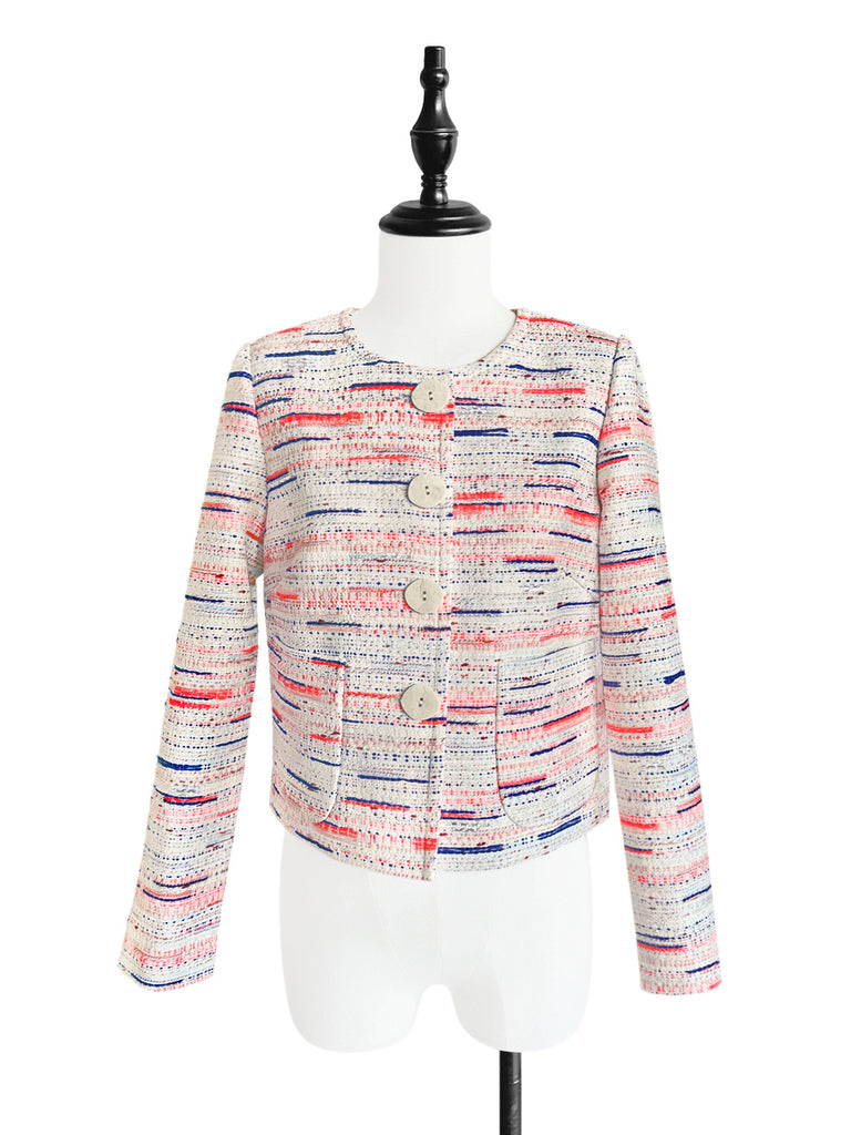 混合條紋正面紐帶寬鬆圈圈花呢短夾克