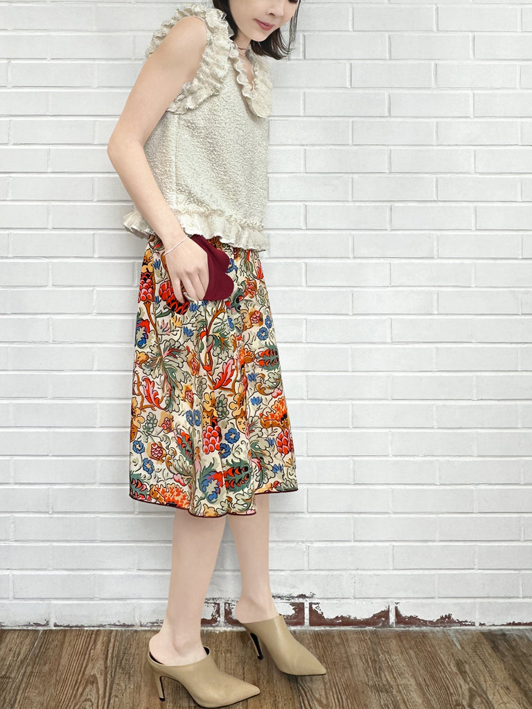 Final Sale! Botanical Vine Contrast Piping Scalloped Detail Silky Skirt