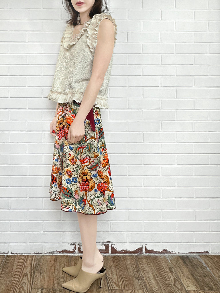 Final Sale! Botanical Vine Contrast Piping Scalloped Detail Silky Skirt