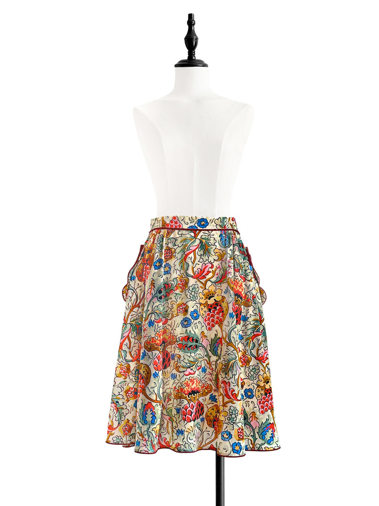 Final Sale! Botanical Vine Contrast Piping Scalloped Detail Silky Skirt