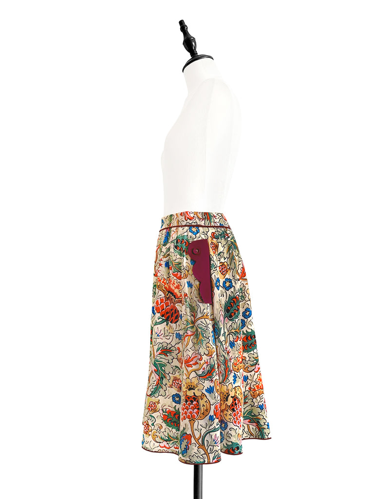 Final Sale! Botanical Vine Contrast Piping Scalloped Detail Silky Skirt
