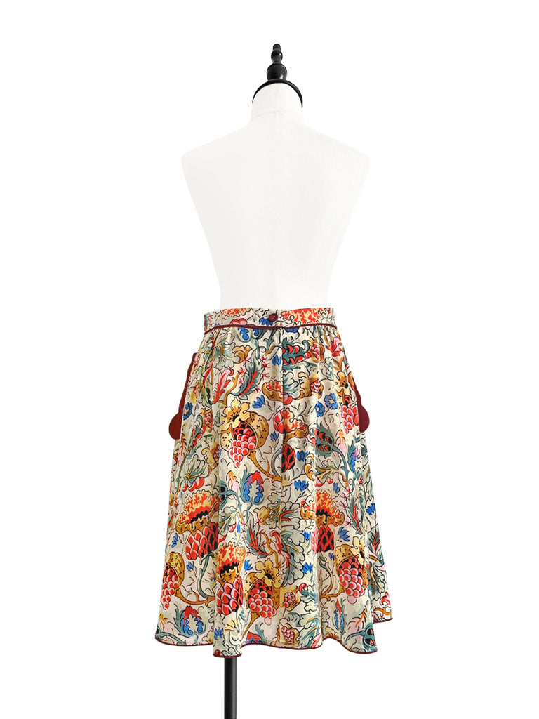 Final Sale! Botanical Vine Contrast Piping Scalloped Detail Silky Skirt