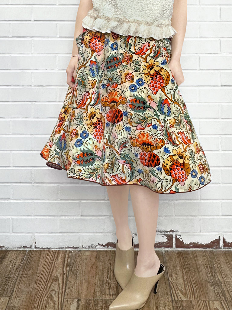 Final Sale! Botanical Vine Contrast Piping Scalloped Detail Silky Skirt