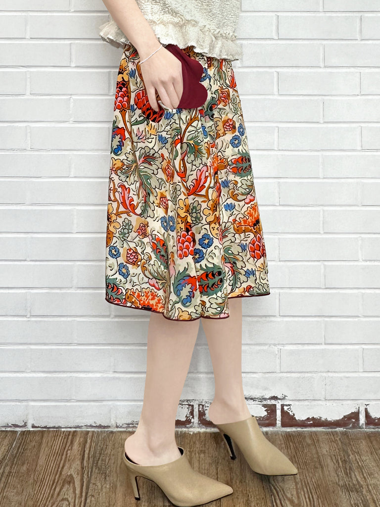 Final Sale! Botanical Vine Contrast Piping Scalloped Detail Silky Skirt