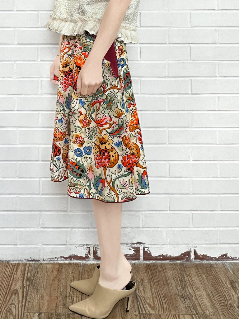 Final Sale! Botanical Vine Contrast Piping Scalloped Detail Silky Skirt