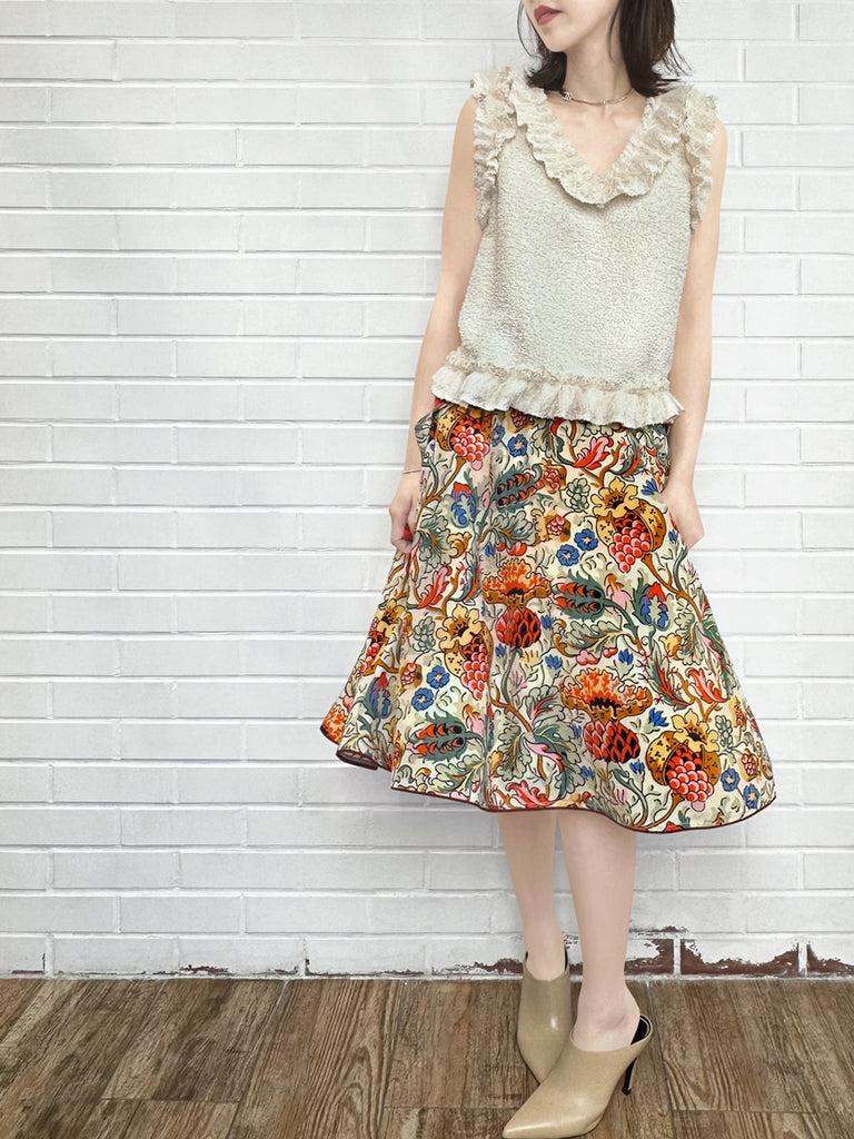Final Sale! Botanical Vine Contrast Piping Scalloped Detail Silky Skirt