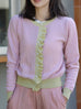 Pink Contrast Trim Ruffle Button Pearl Accent Knit Cardigan
